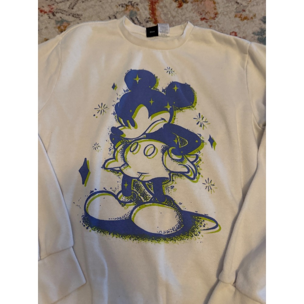 Disney Mickey Mouse Graphic Sweatshirt Mens Medium Ivory Blue Lime Pullover
